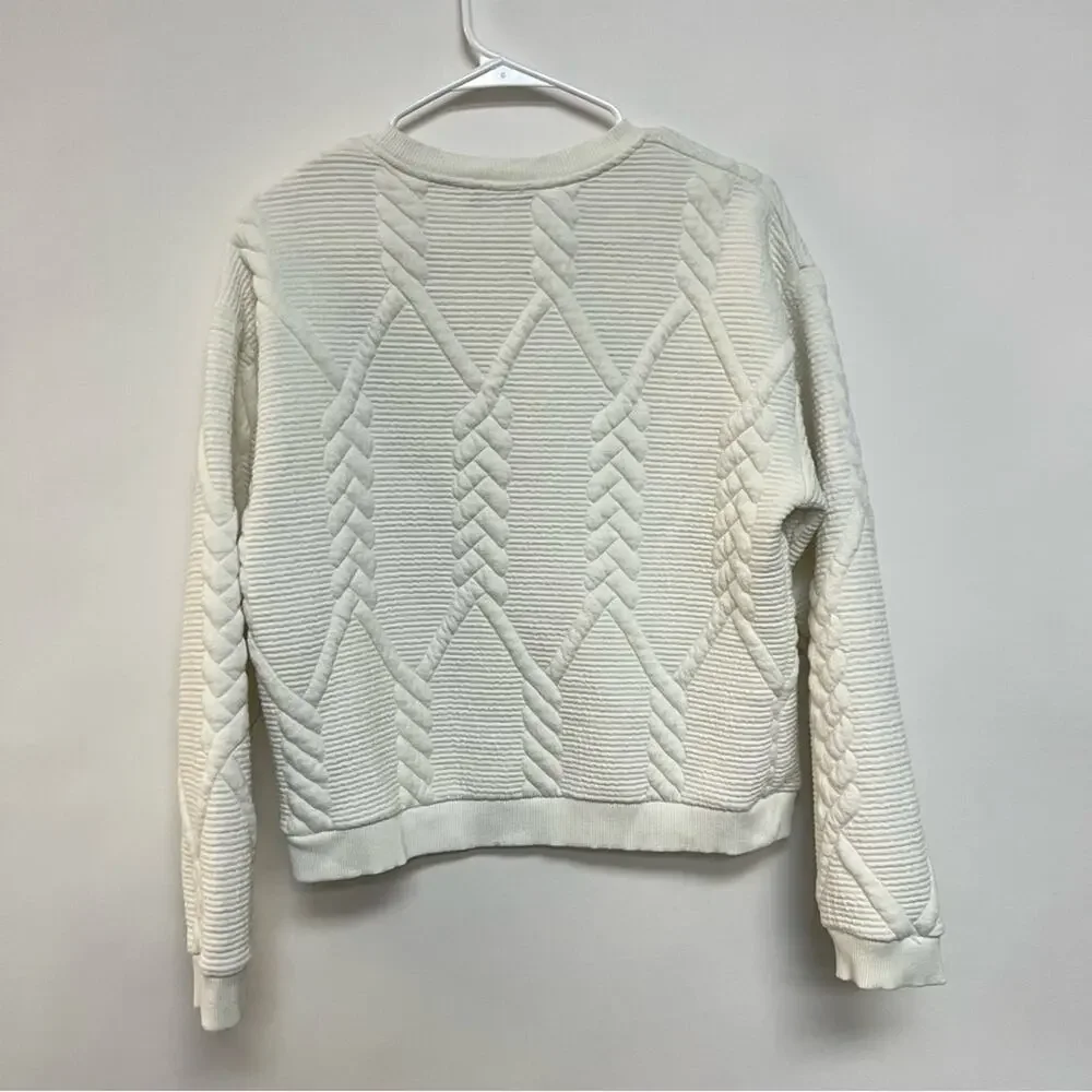 Zara White Quilted Pullover Sweatshirt Sweater Ribbed Knit Crewneck Small